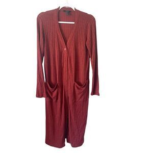 Forever 21 Sweater Womens M Rust Red Cardigan Long Tall button Up Ribbed knit